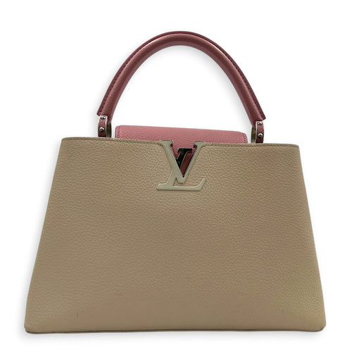 Capucines Top Handle Bag Beige in Taurillon Leather, Gold hardware