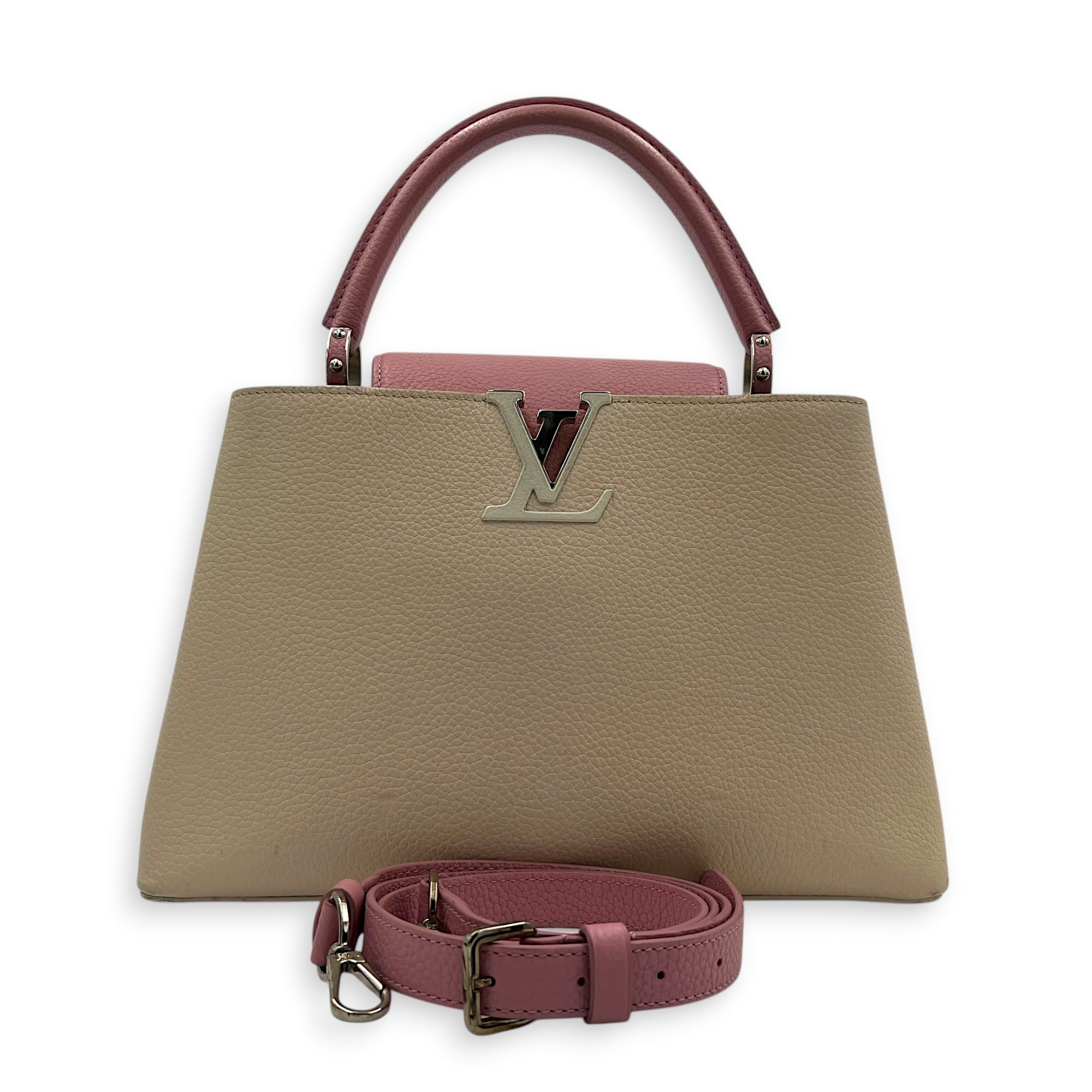 Capucines Top Handle Bag Beige in Taurillon Leather, Gold hardware