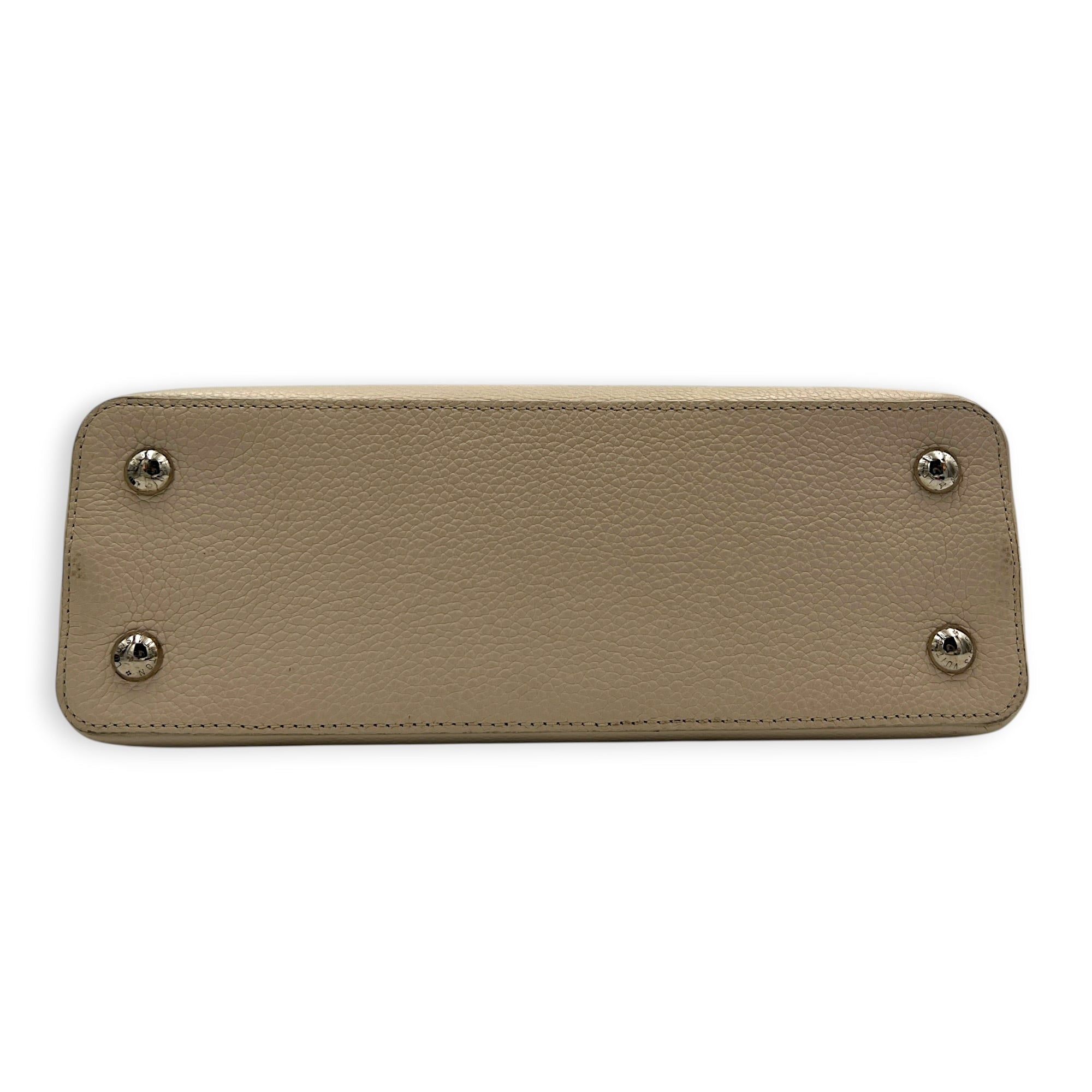 Capucines Top Handle Bag Beige in Taurillon Leather, Gold hardware