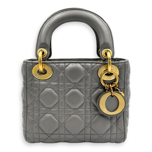 Lady Dior Micro Grey Top Handle Bag in Lambskin, Gold hardware