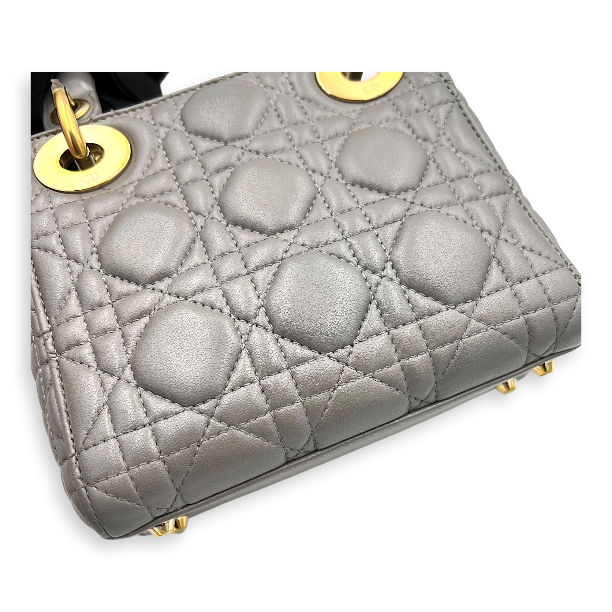 Lady Dior Micro Grey Top Handle Bag in Lambskin, Gold hardware