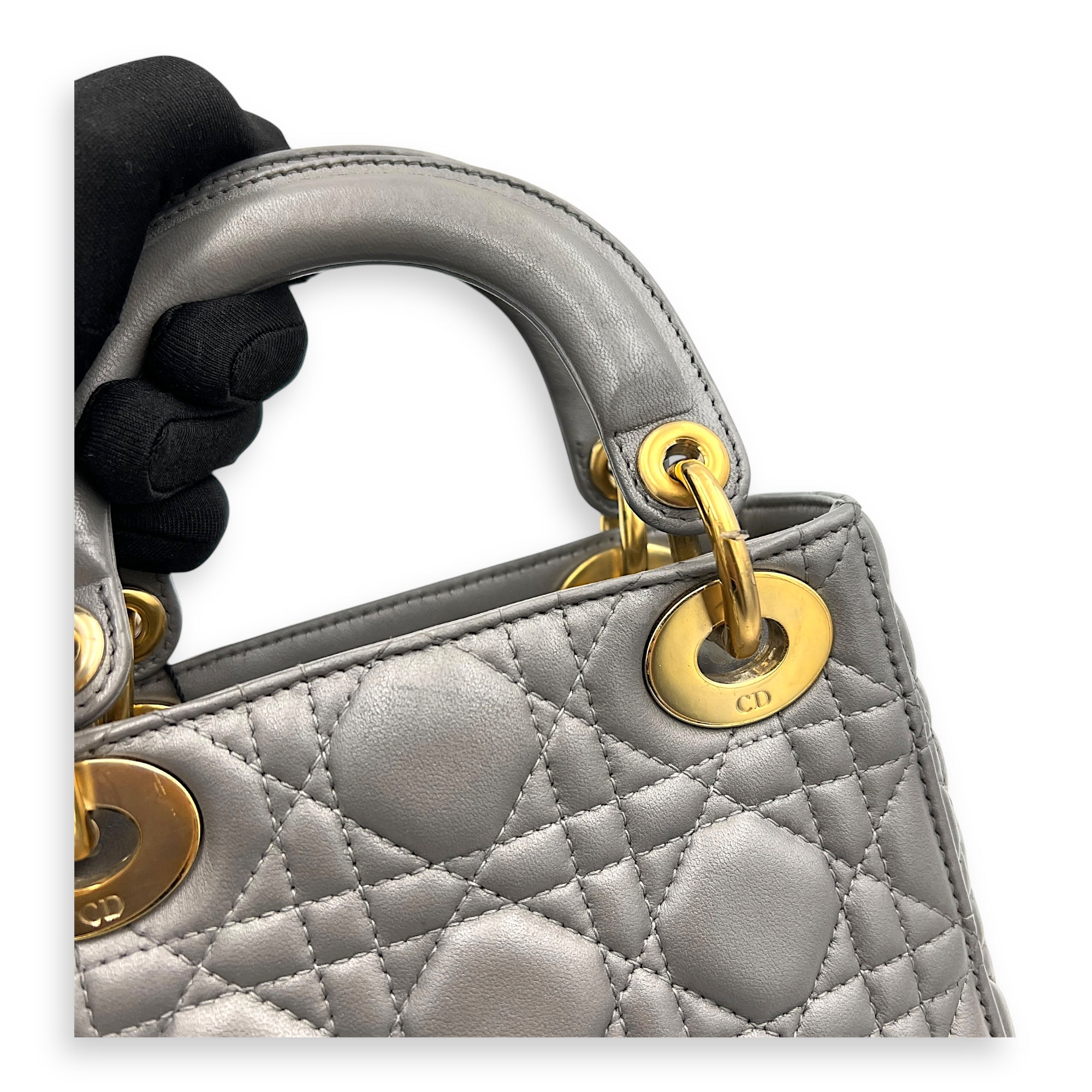 Lady Dior Micro Grey Top Handle Bag in Lambskin, Gold hardware