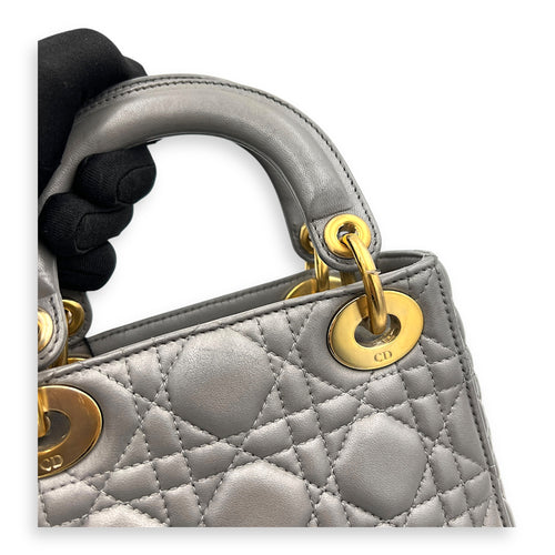 Lady Dior Micro Grey Top Handle Bag in Lambskin, Gold hardware