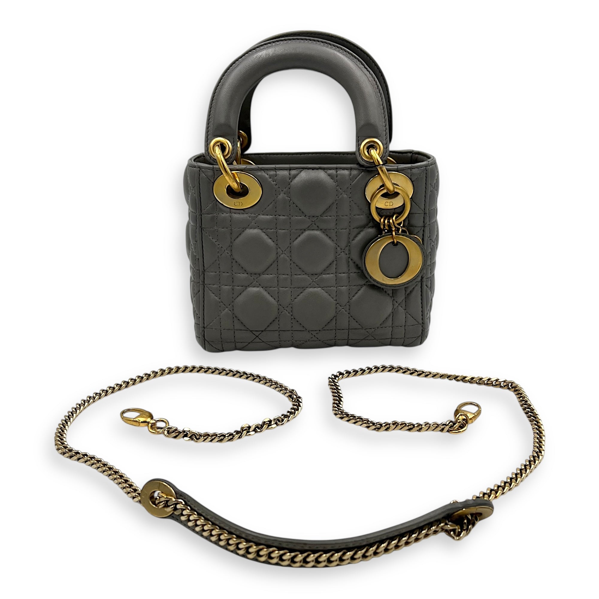 Lady Dior Micro Grey Top Handle Bag in Lambskin, Gold hardware