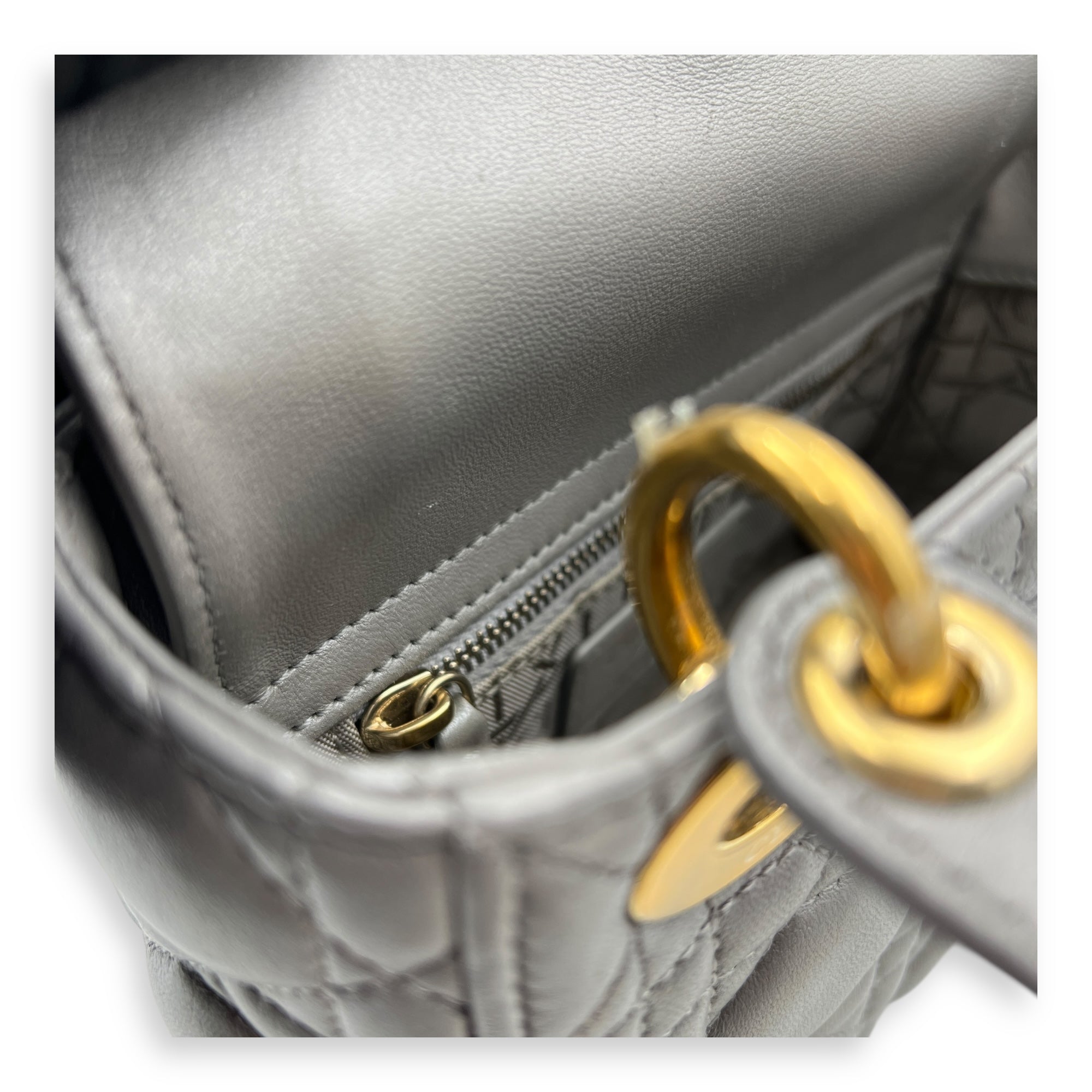 Lady Dior Micro Grey Top Handle Bag in Lambskin, Gold hardware
