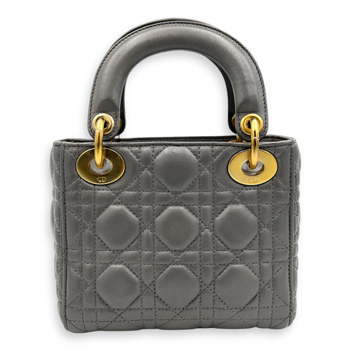 Lady Dior Micro Grey Top Handle Bag in Lambskin, Gold hardware