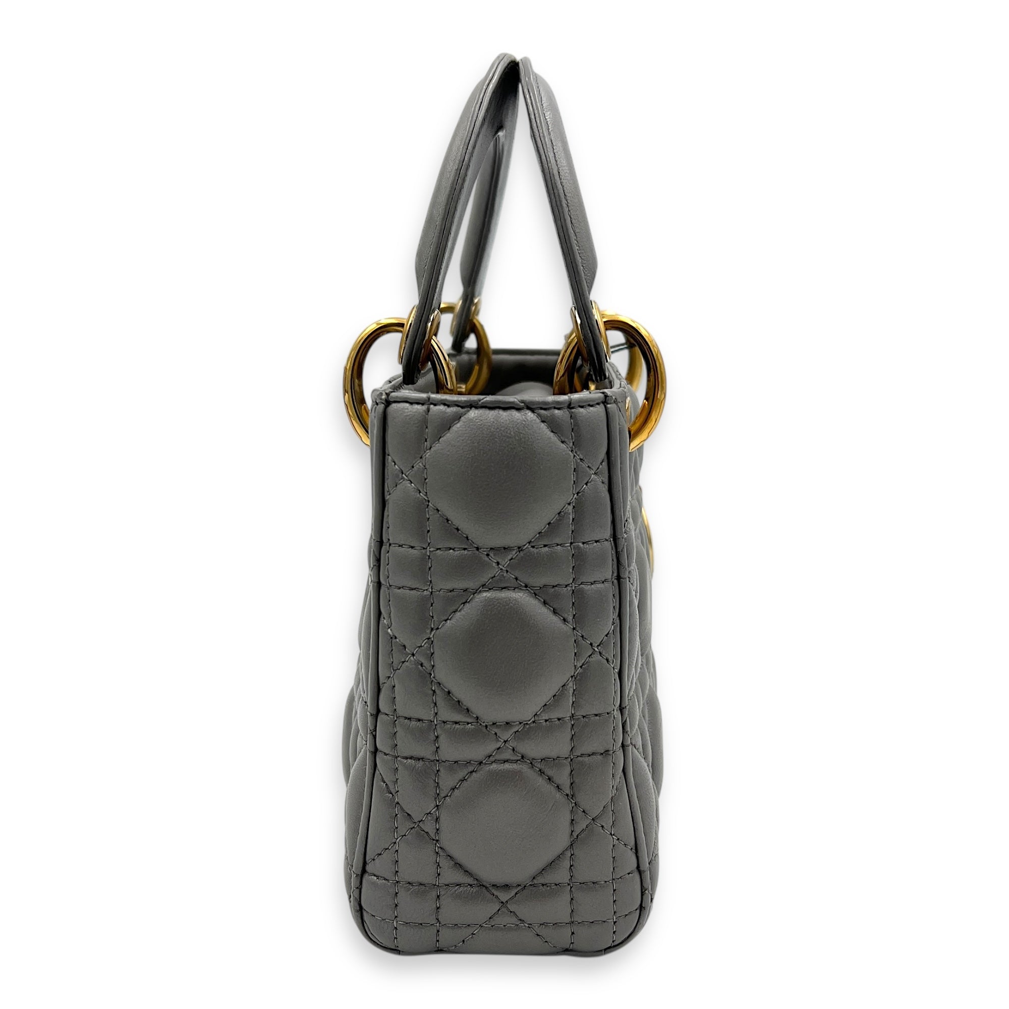 Lady Dior Micro Grey Top Handle Bag in Lambskin, Gold hardware