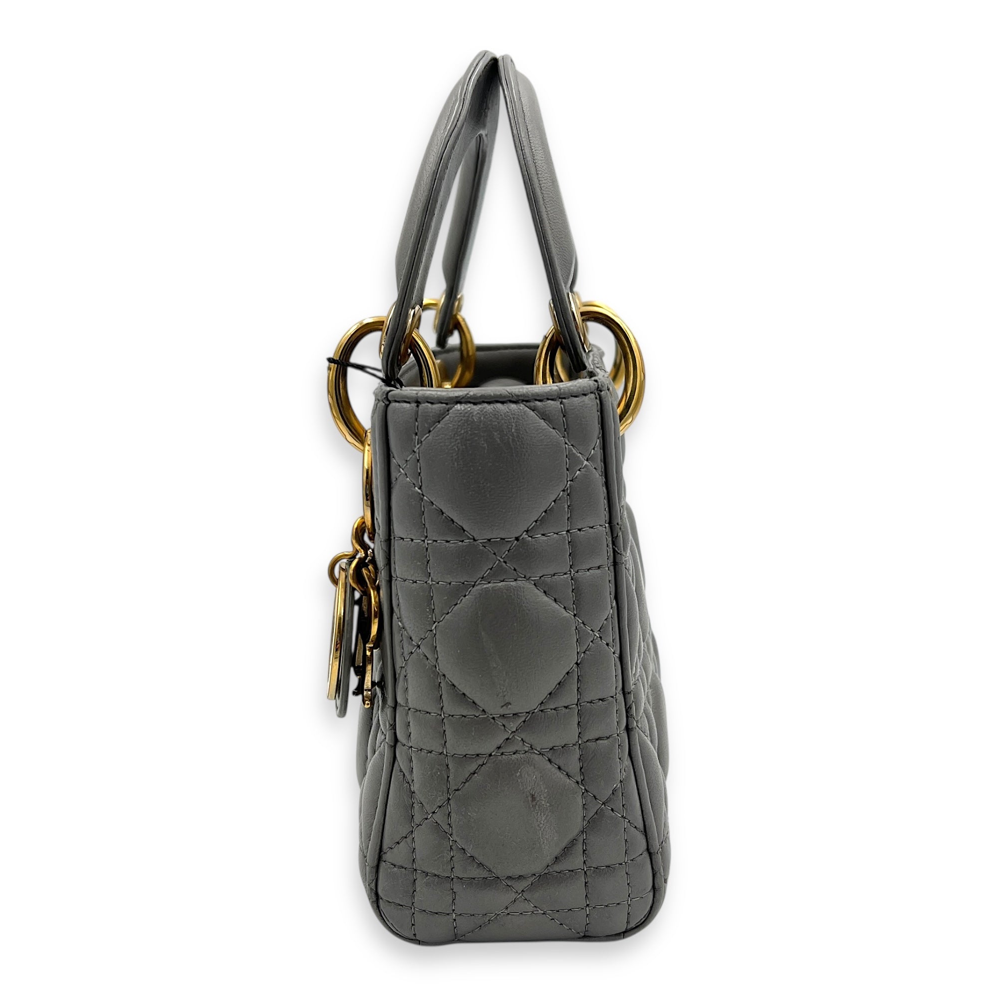Lady Dior Micro Grey Top Handle Bag in Lambskin, Gold hardware