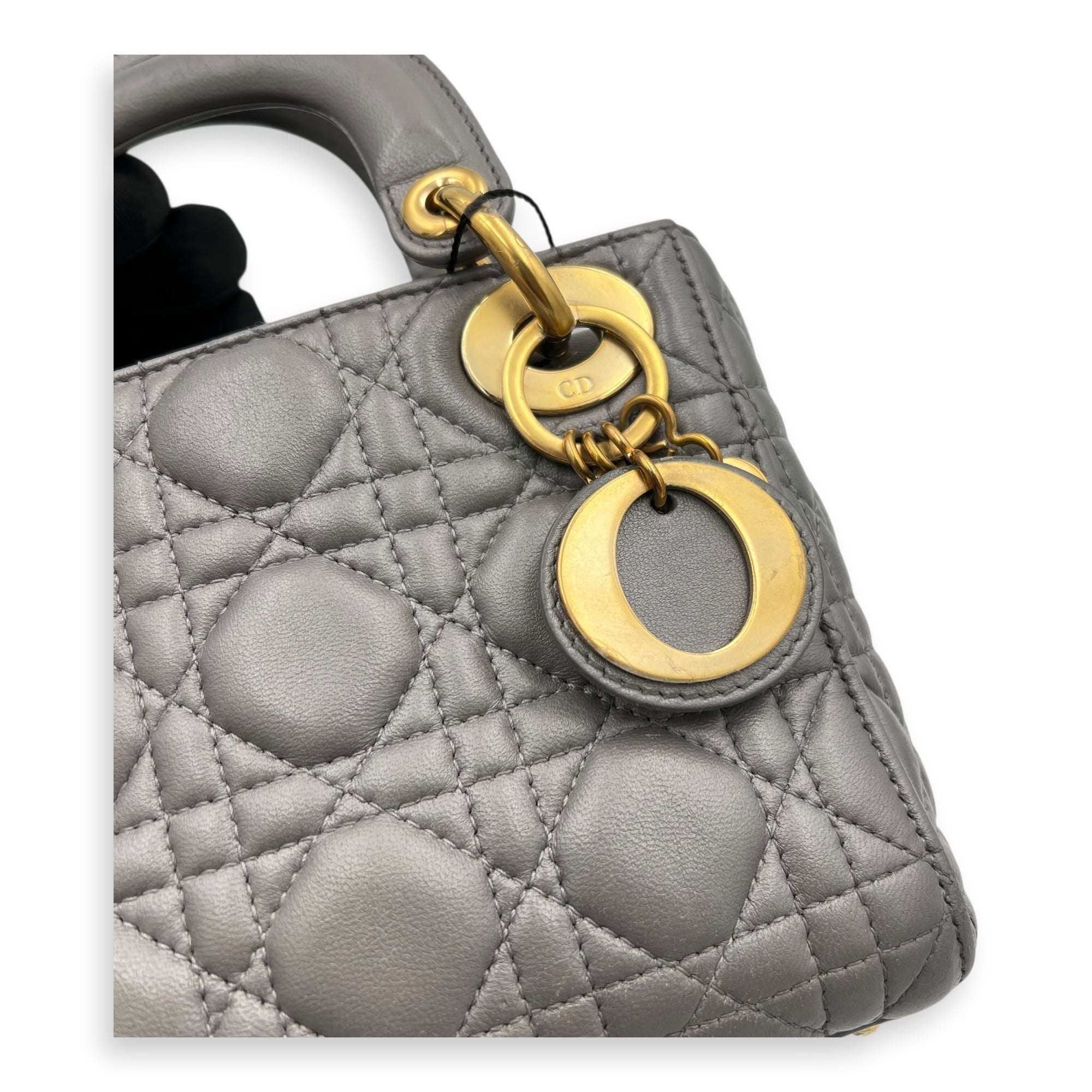 Lady Dior Micro Grey Top Handle Bag in Lambskin, Gold hardware