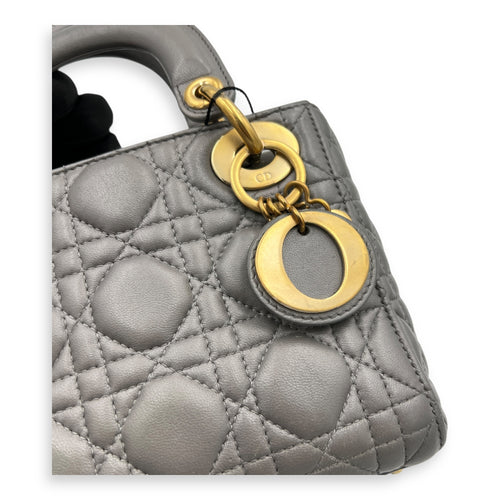 Lady Dior Micro Grey Top Handle Bag in Lambskin, Gold hardware
