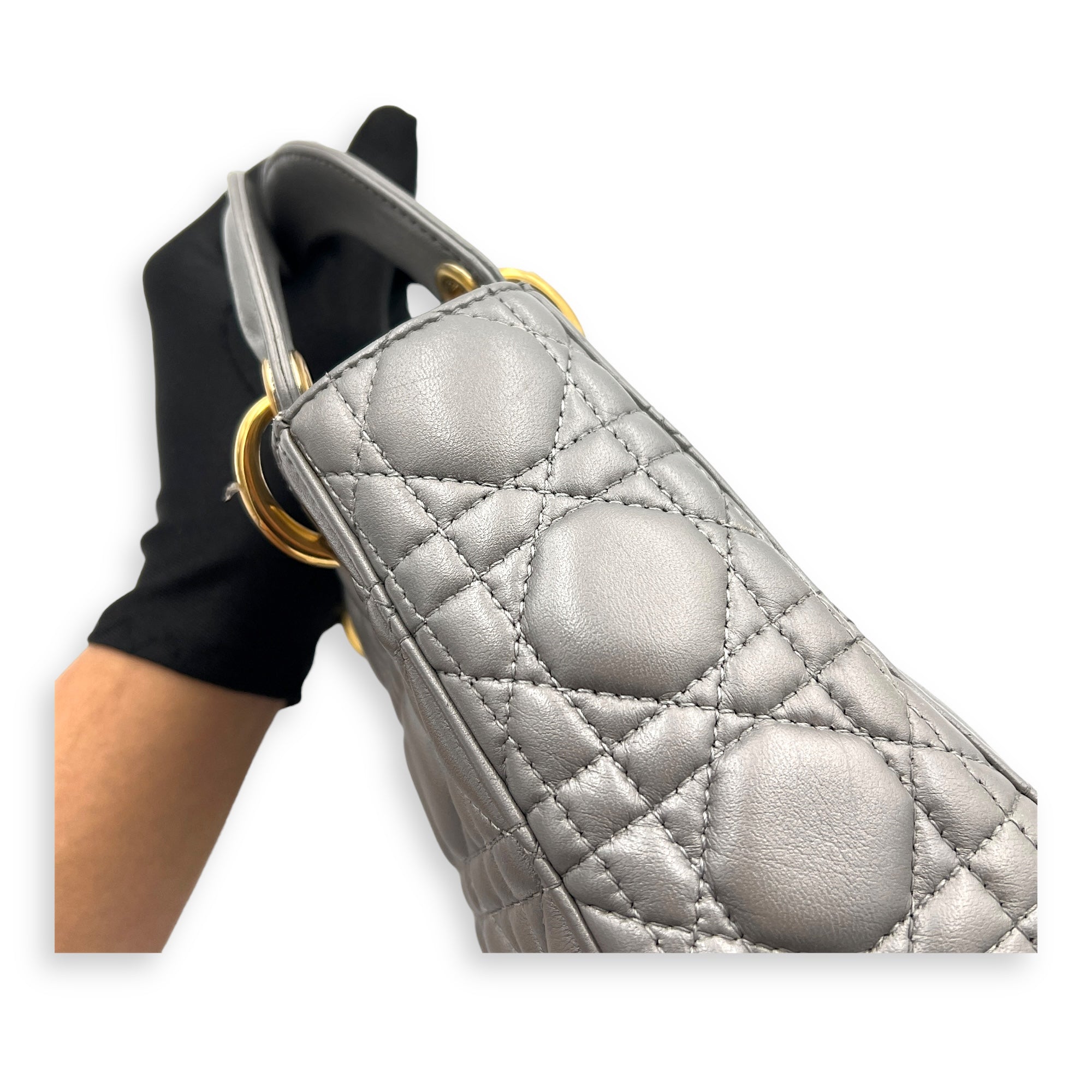 Lady Dior Micro Grey Top Handle Bag in Lambskin, Gold hardware