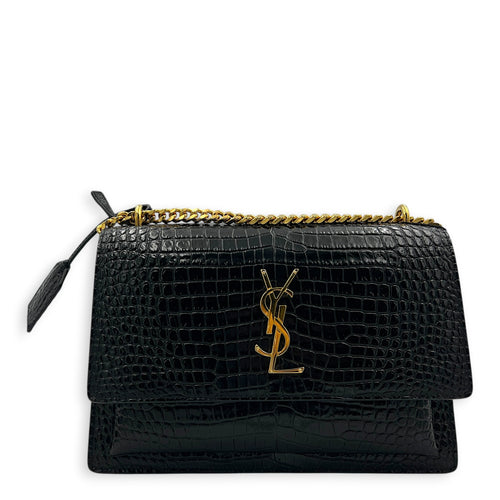 Sunset Shoulder Bag Black in Crocodile Embossed Calfskin, Gold hardware