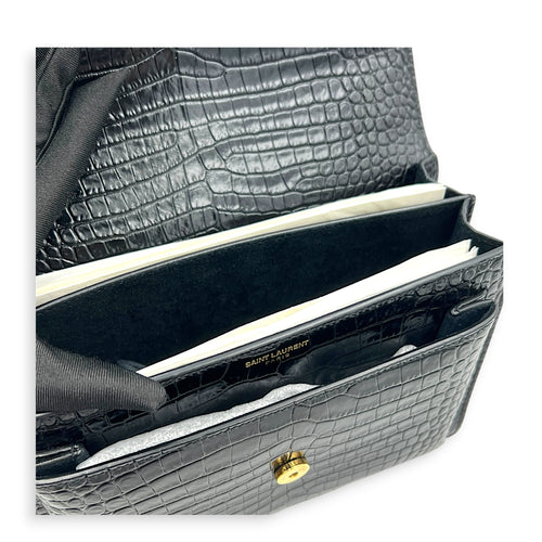 Sunset Shoulder Bag Black in Crocodile Embossed Calfskin, Gold hardware