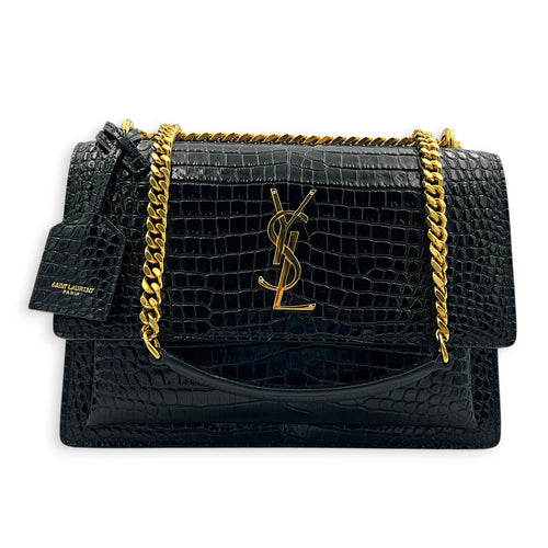 Sunset Shoulder Bag Black in Crocodile Embossed Calfskin, Gold hardware