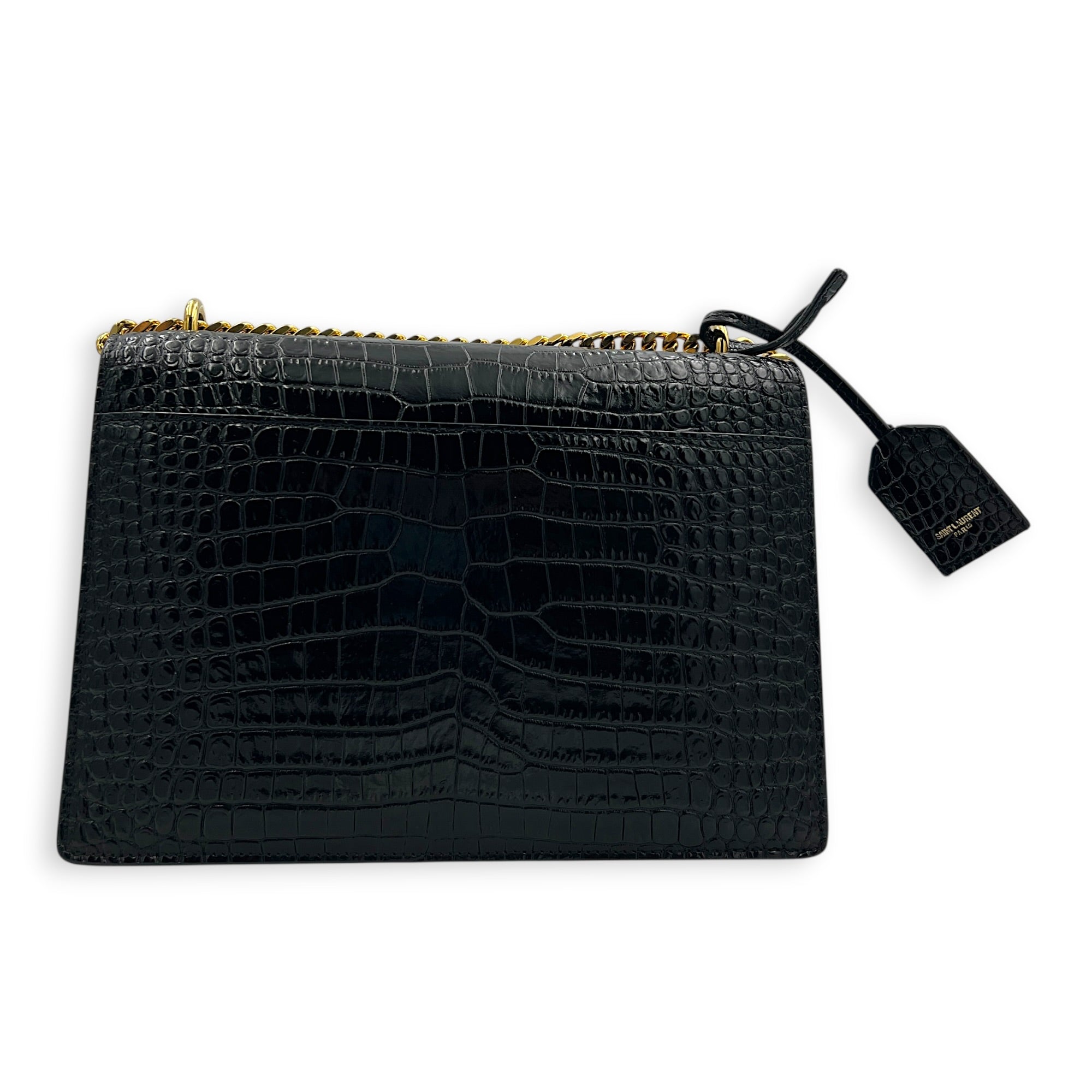 Sunset Shoulder Bag Black in Crocodile Embossed Calfskin, Gold hardware