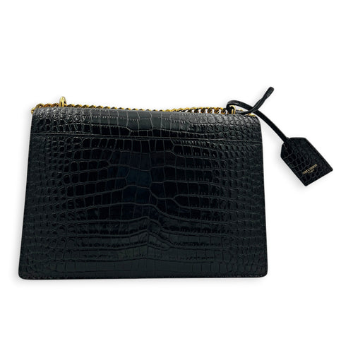 Sunset Shoulder Bag Black in Crocodile Embossed Calfskin, Gold hardware