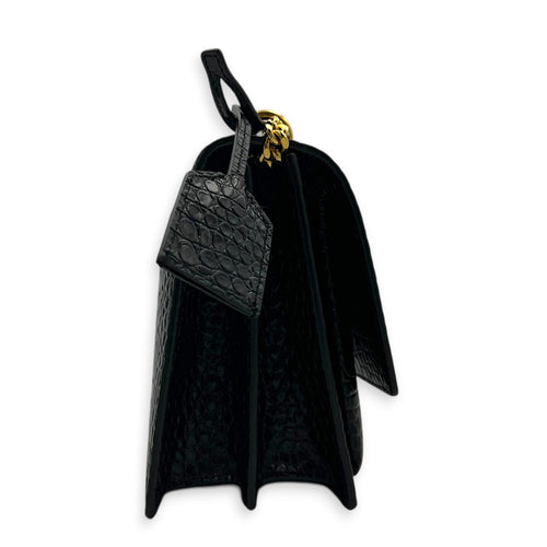 Sunset Shoulder Bag Black in Crocodile Embossed Calfskin, Gold hardware