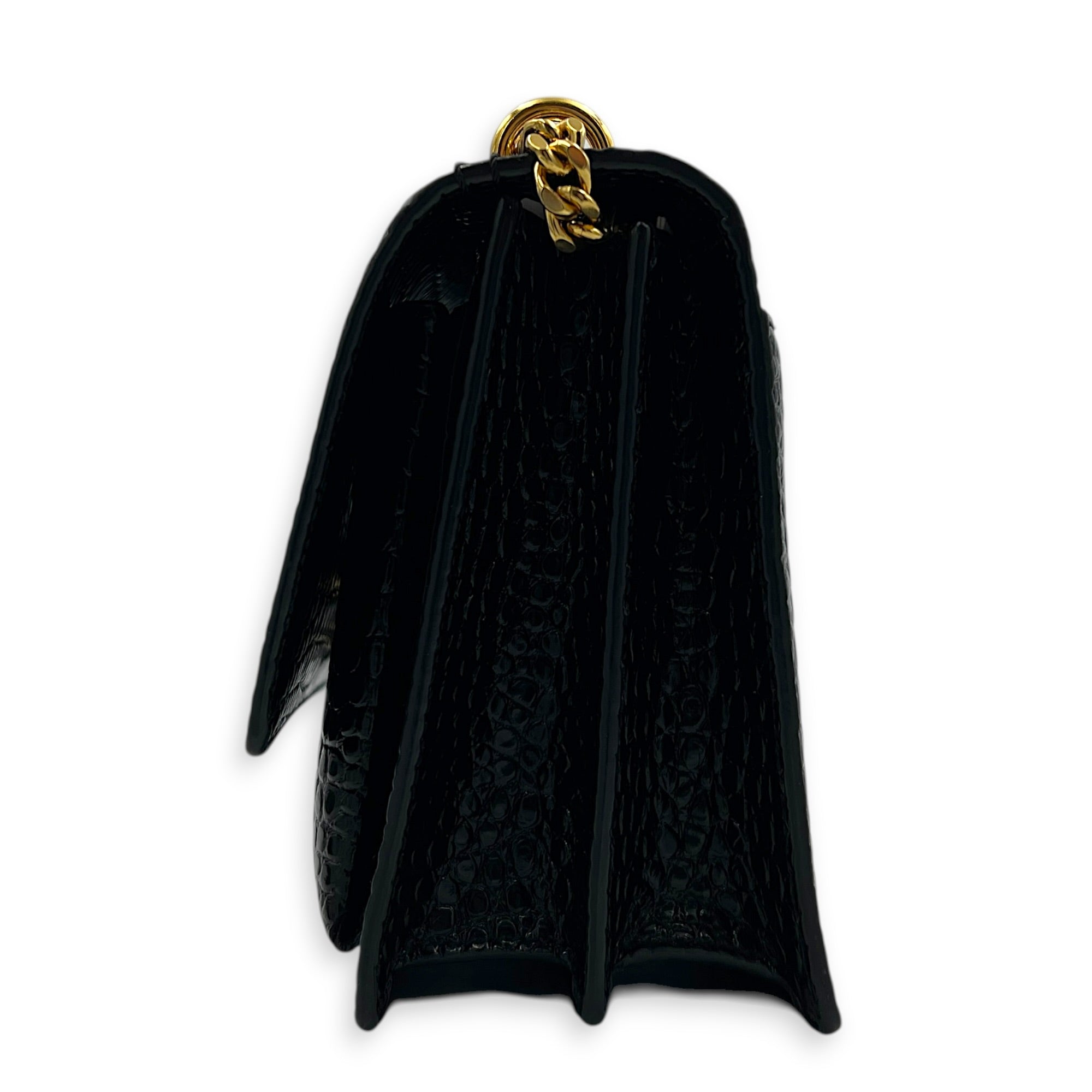 Sunset Shoulder Bag Black in Crocodile Embossed Calfskin, Gold hardware