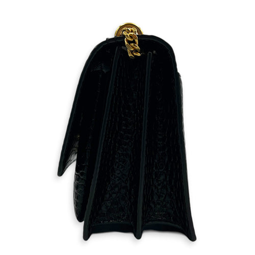 Sunset Shoulder Bag Black in Crocodile Embossed Calfskin, Gold hardware