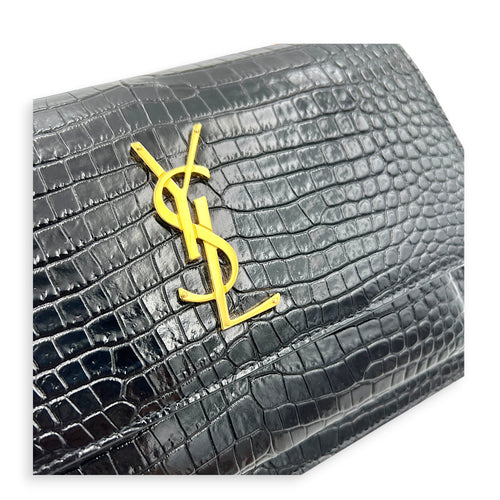 Sunset Shoulder Bag Black in Crocodile Embossed Calfskin, Gold hardware