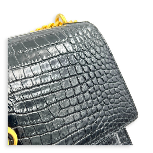Sunset Shoulder Bag Black in Crocodile Embossed Calfskin, Gold hardware