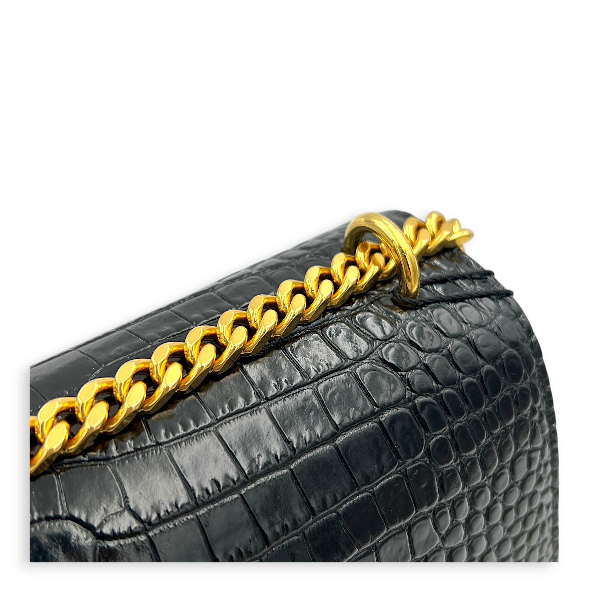 Sunset Shoulder Bag Black in Crocodile Embossed Calfskin, Gold hardware