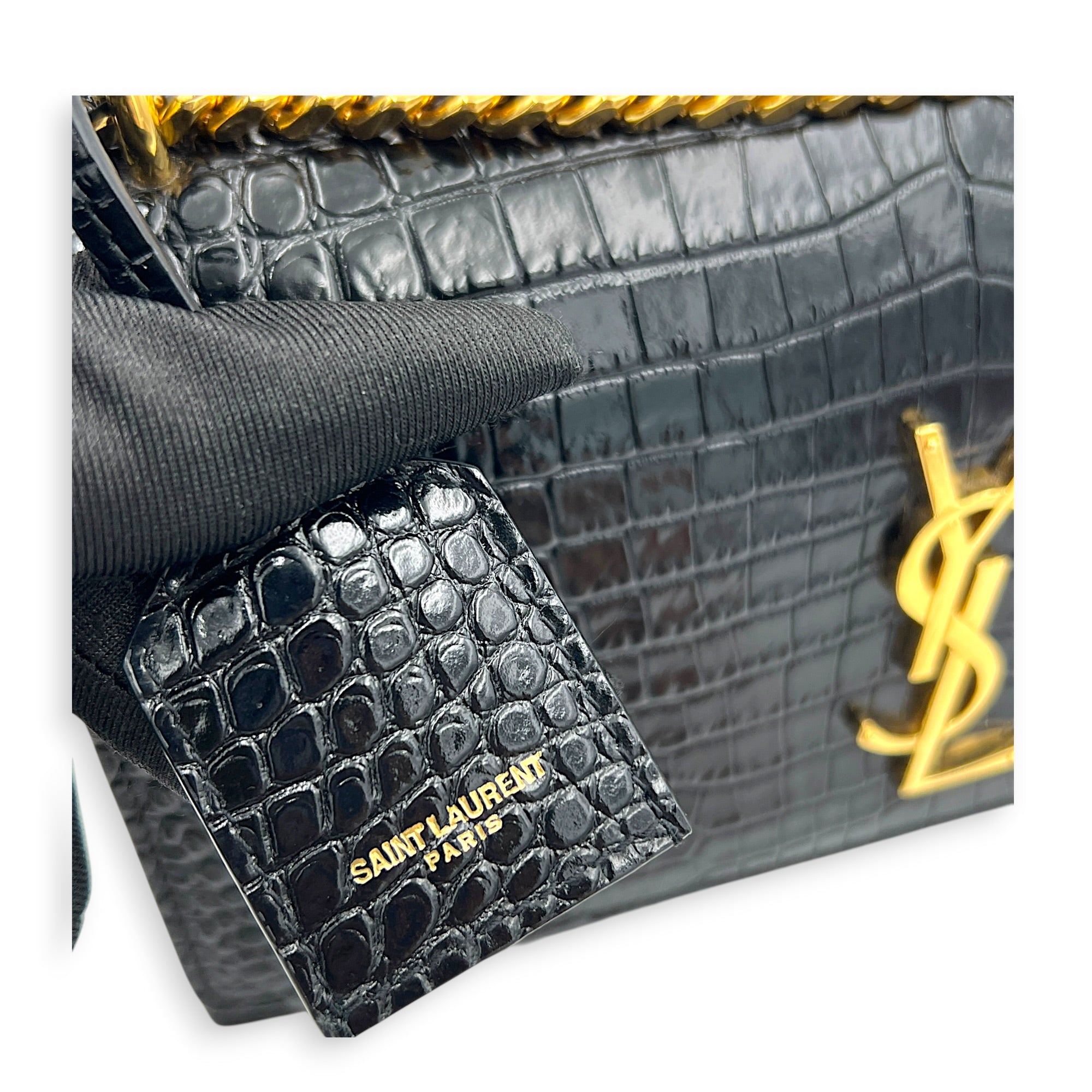 Sunset Shoulder Bag Black in Crocodile Embossed Calfskin, Gold hardware