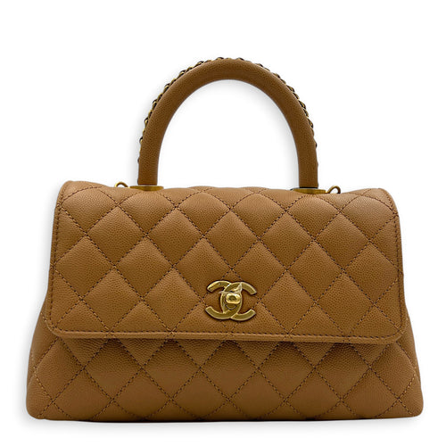 Coco Handle Quilted Top Handle Bag Brown in Caviar Leather, Gold hardware