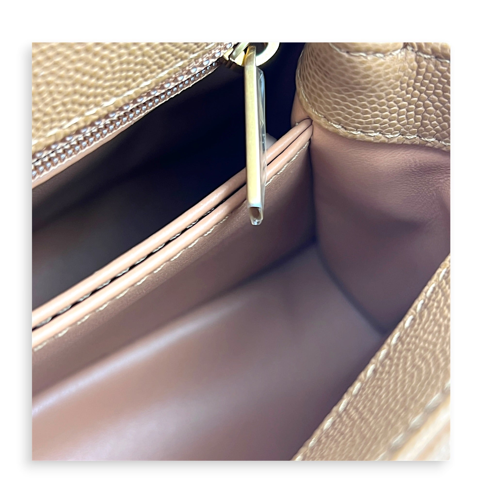 Coco Handle Quilted Top Handle Bag Brown in Caviar Leather, Gold hardware