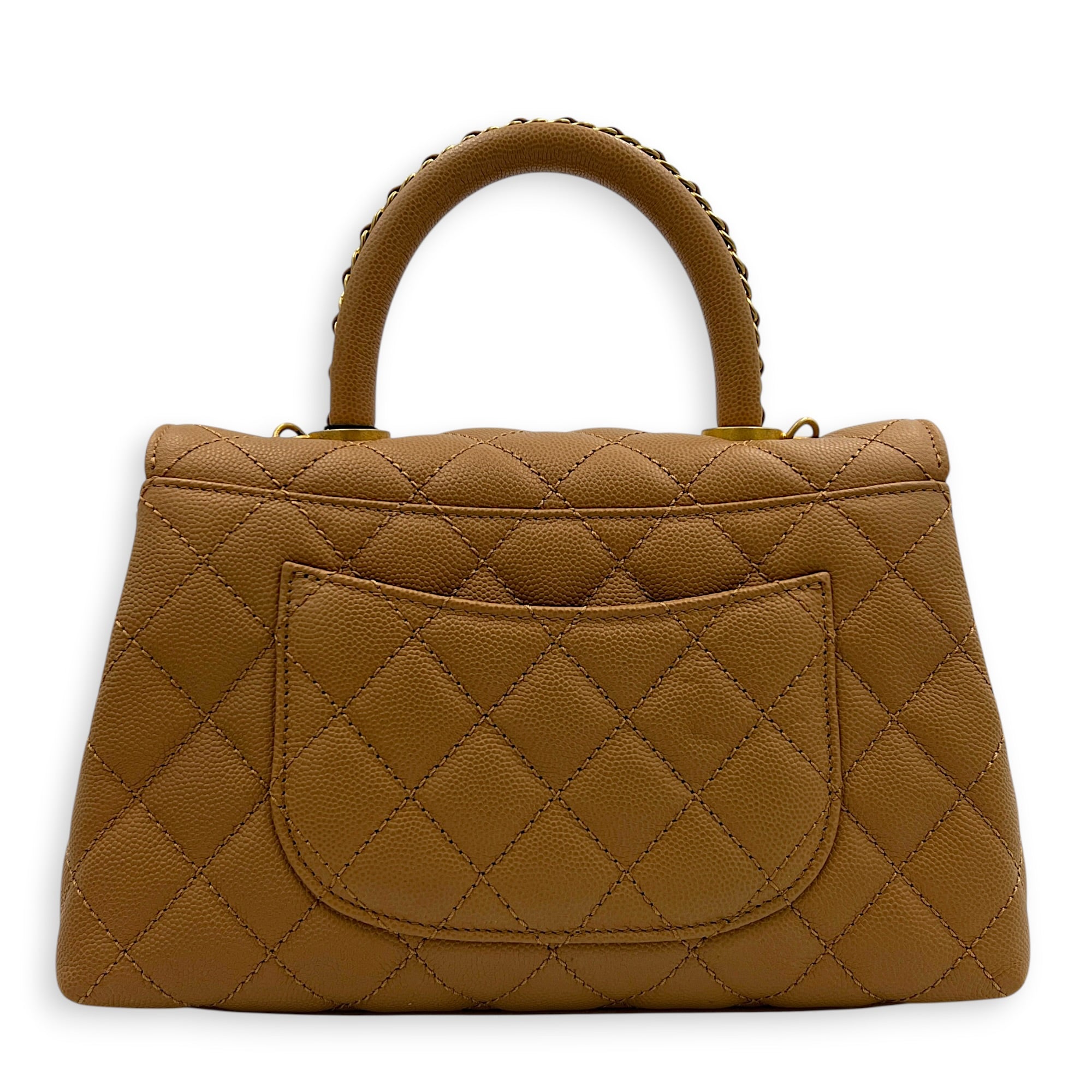 Coco Handle Quilted Top Handle Bag Brown in Caviar Leather, Gold hardware