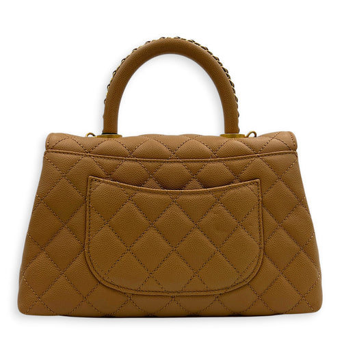 Coco Handle Quilted Top Handle Bag Brown in Caviar Leather, Gold hardware