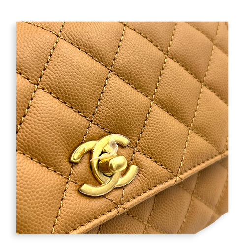 Coco Handle Quilted Top Handle Bag Brown in Caviar Leather, Gold hardware