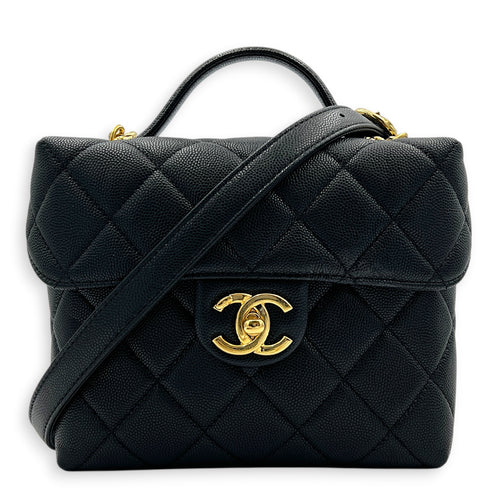 23C Vanity Box Top Handle Bag Black in Caviar Leather, Gold hardware