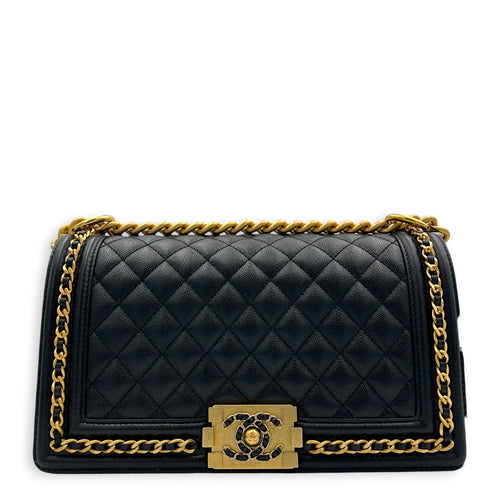 Boy Shoulder Bag Medium Black in Caviar Leather, Gold hardware