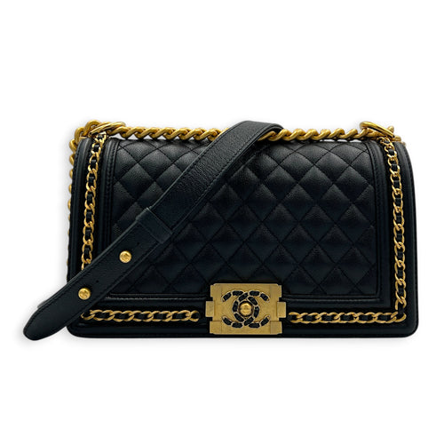 Boy Shoulder Bag Medium Black in Caviar Leather, Gold hardware