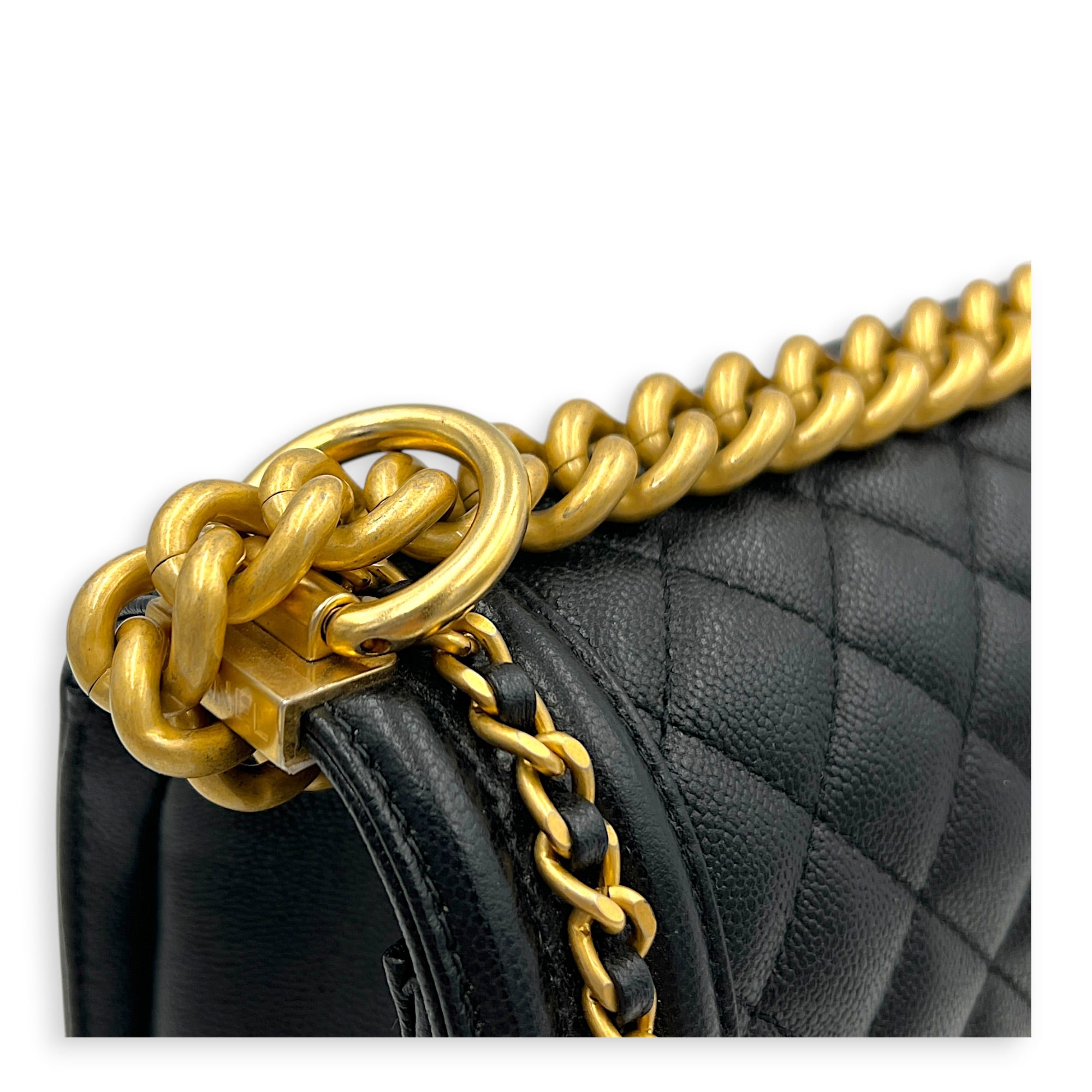 Boy Shoulder Bag Medium Black in Caviar Leather, Gold hardware