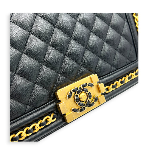 Boy Shoulder Bag Medium Black in Caviar Leather, Gold hardware