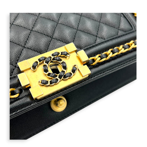 Boy Shoulder Bag Medium Black in Caviar Leather, Gold hardware