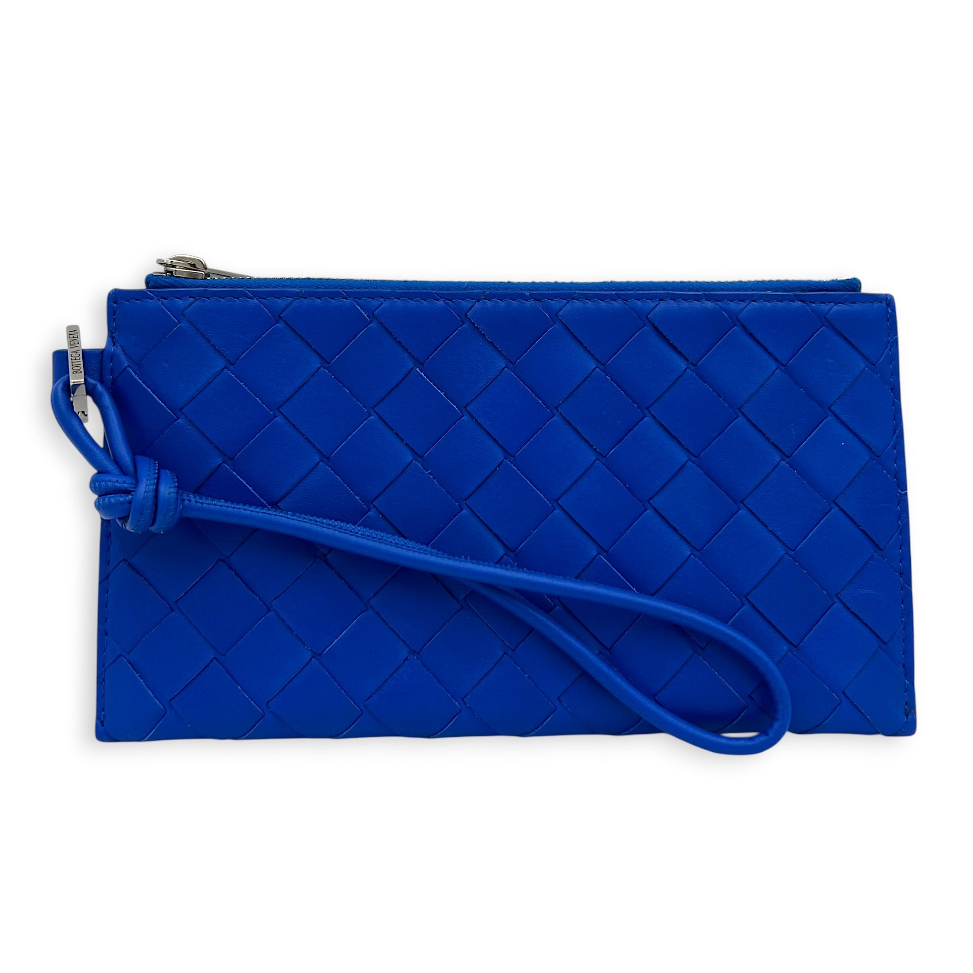 Intrecciato Pouch Blue in Calfskin, Silver hardware