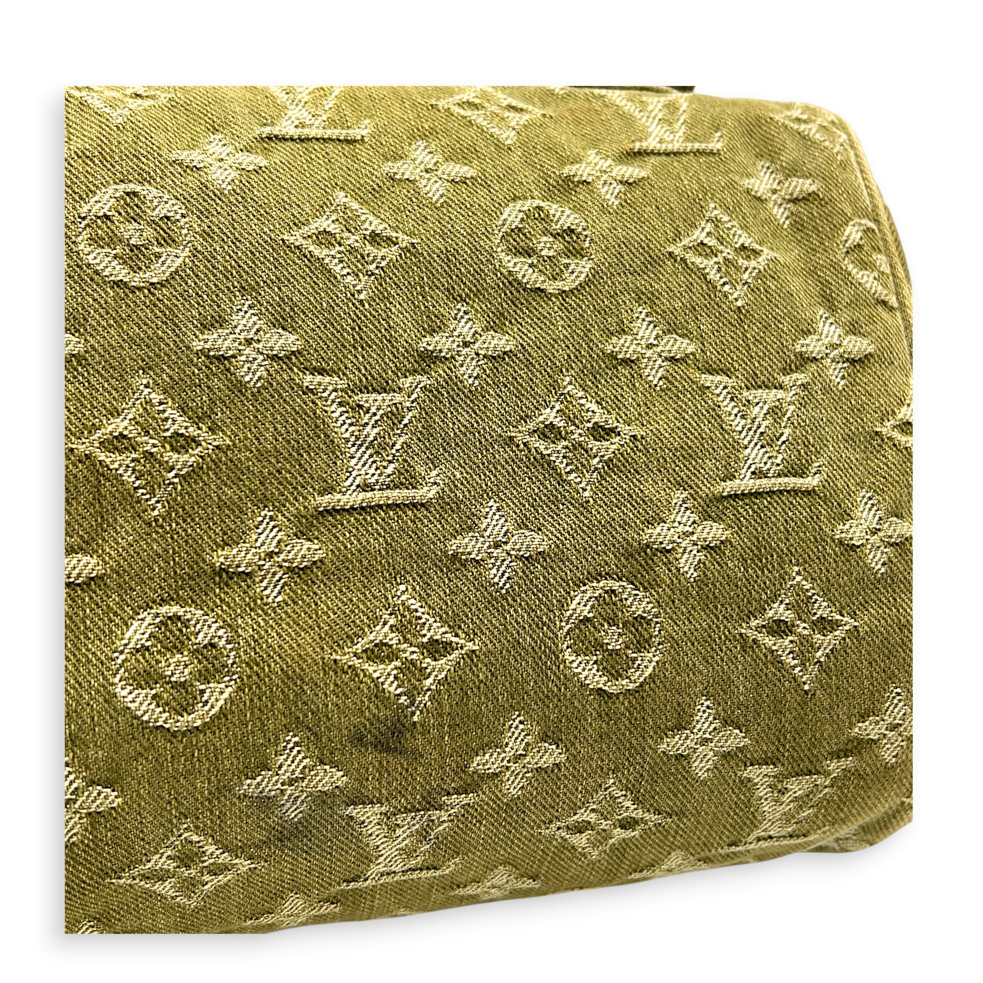 Neo Speedy Green Top Handle Bag in Denim, Gold hardware