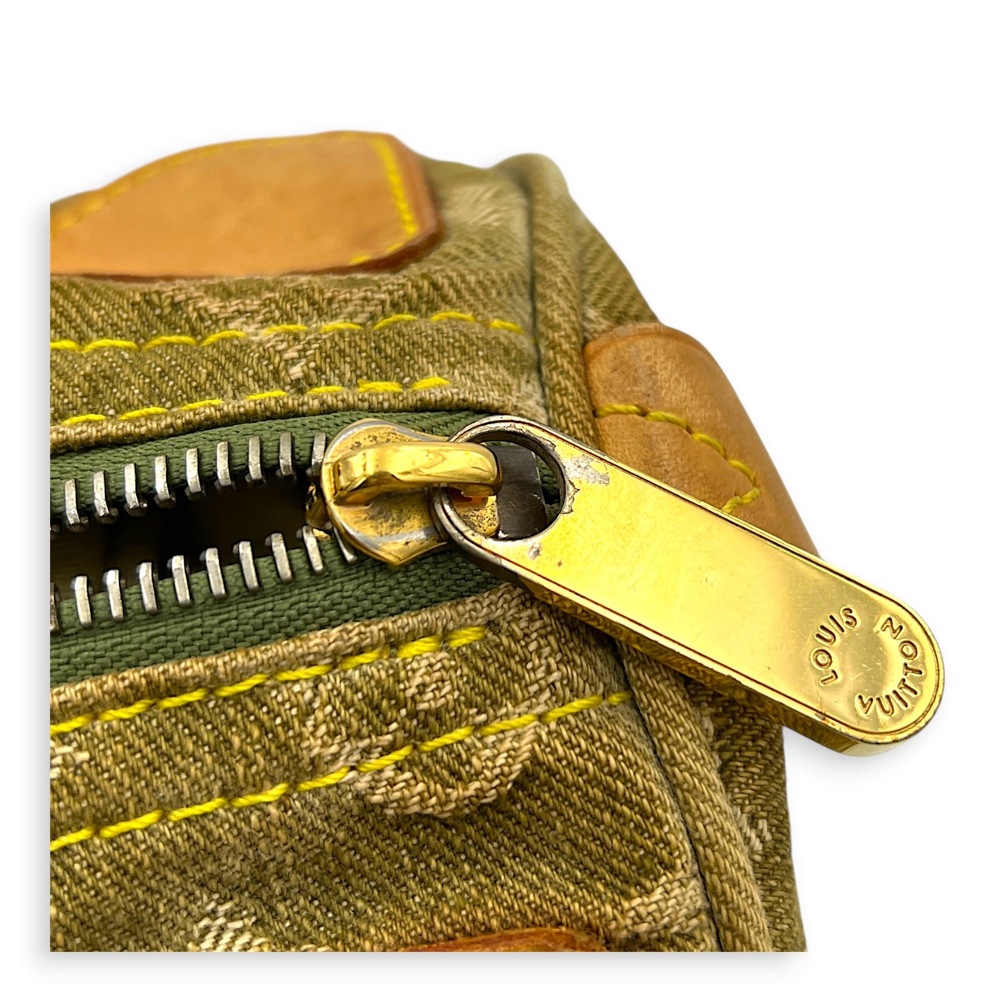Neo Speedy Green Top Handle Bag in Denim, Gold hardware