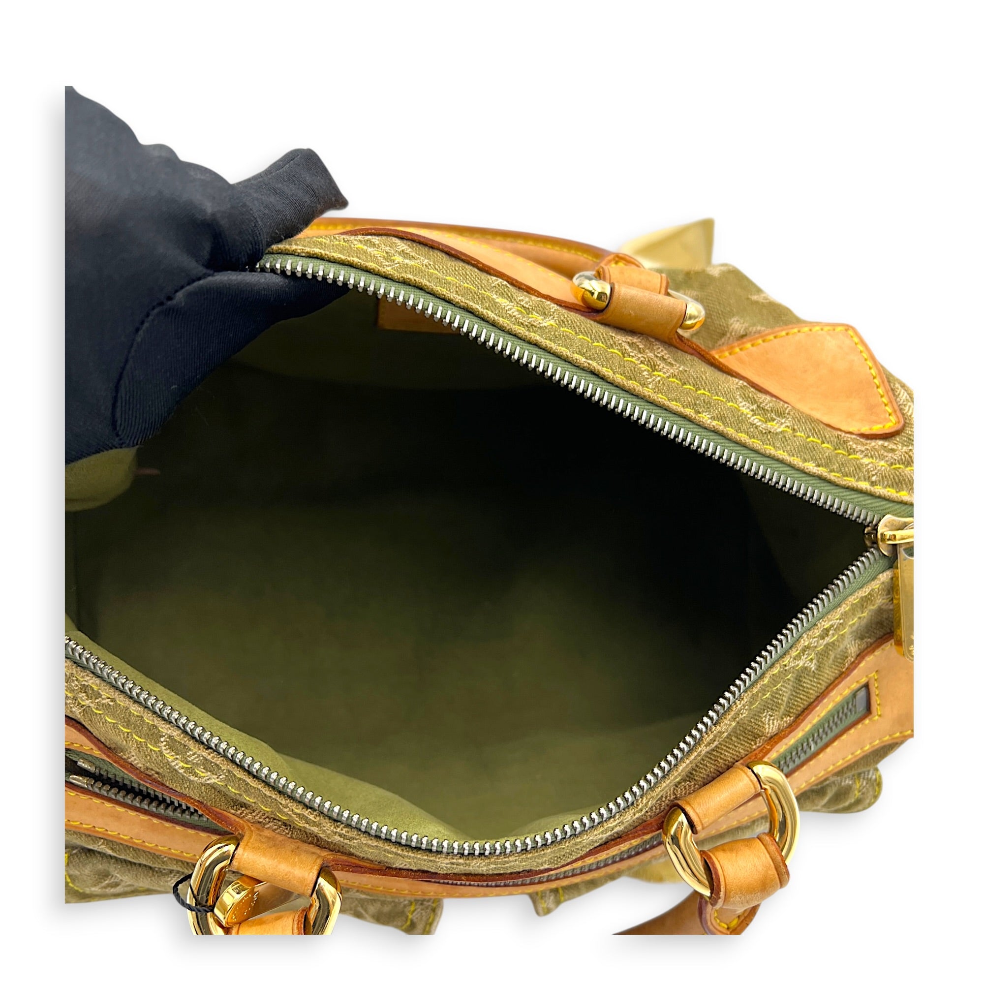 Neo Speedy Green Top Handle Bag in Denim, Gold hardware
