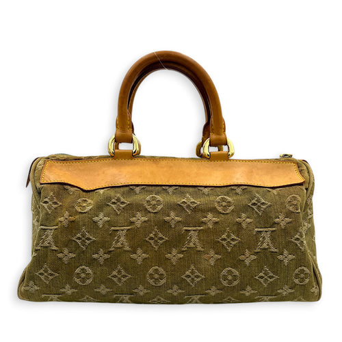 Neo Speedy Green Top Handle Bag in Denim, Gold hardware