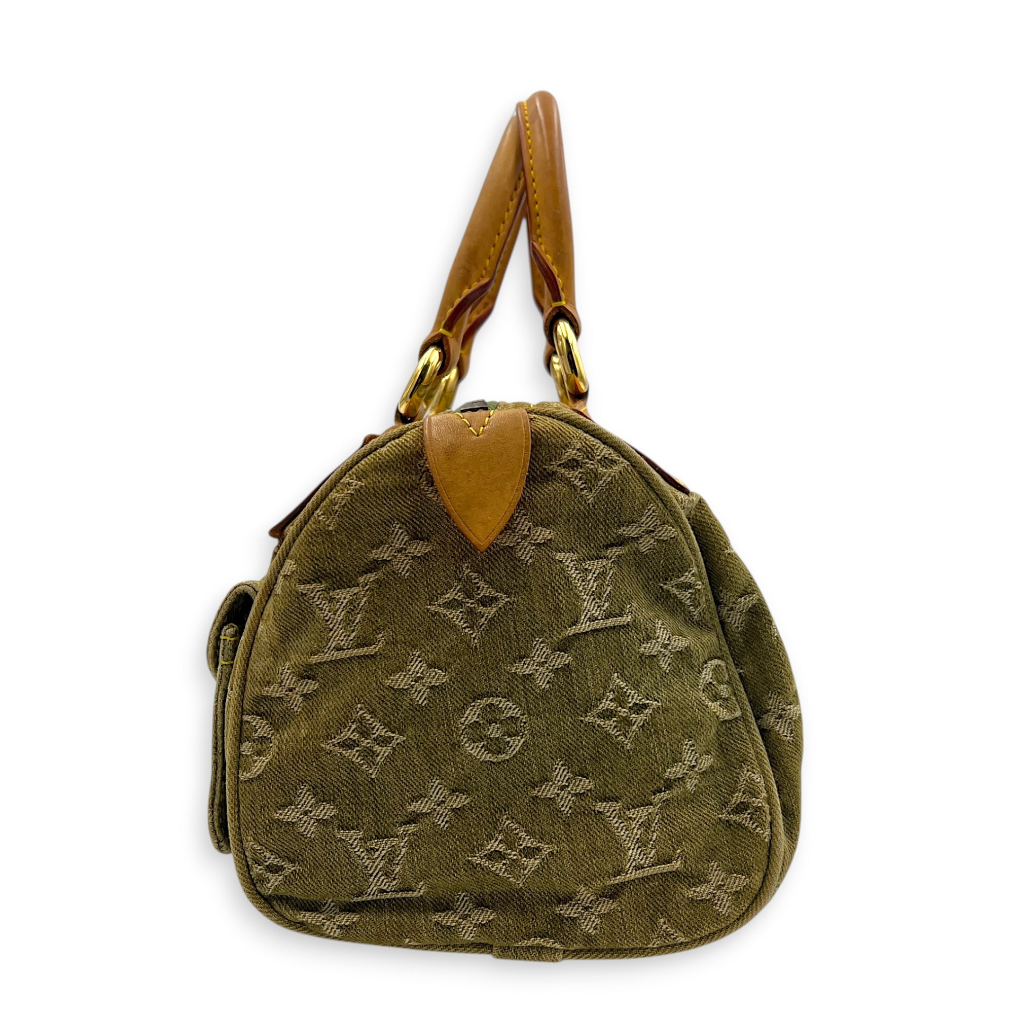 Neo Speedy Green Top Handle Bag in Denim, Gold hardware