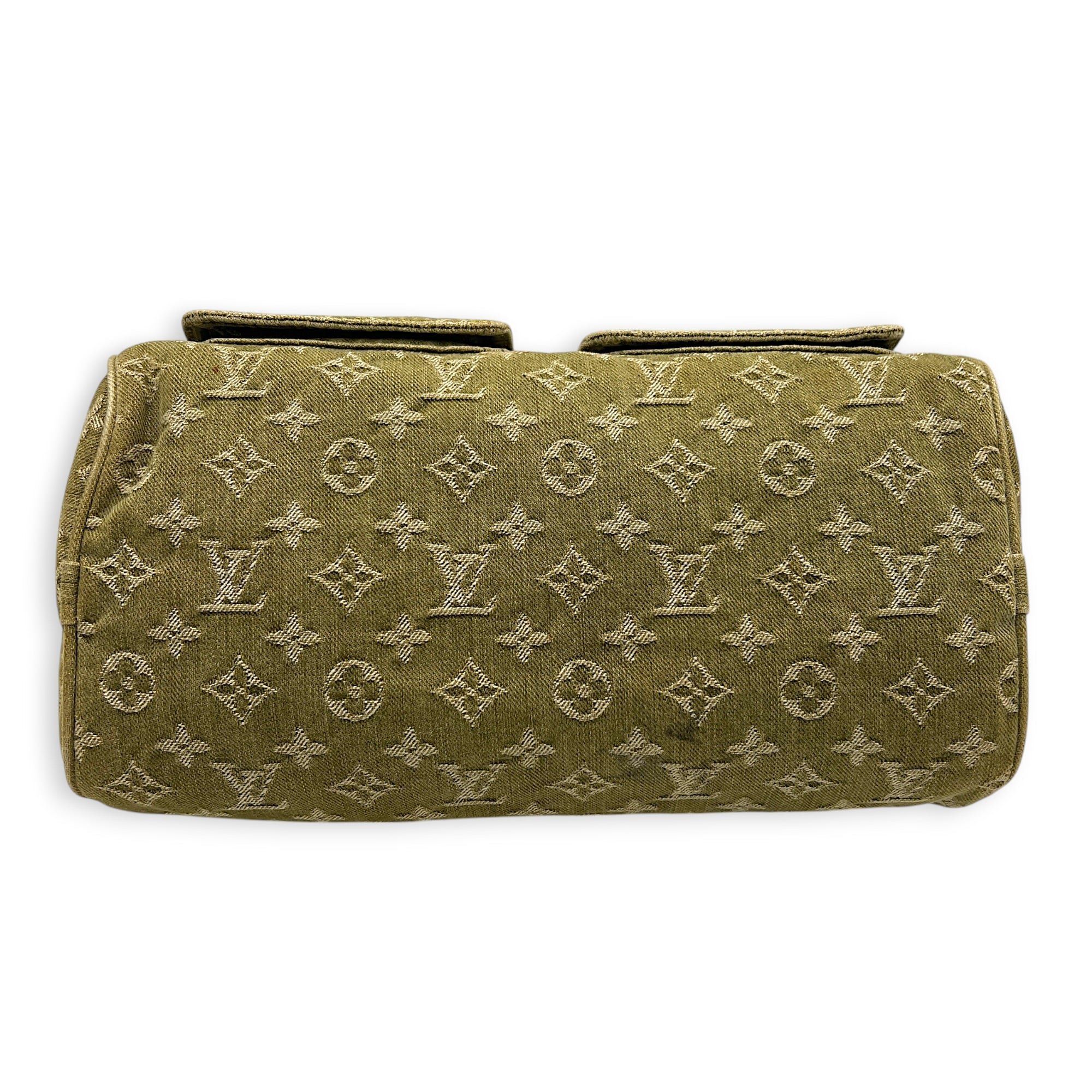 Neo Speedy Green Top Handle Bag in Denim, Gold hardware