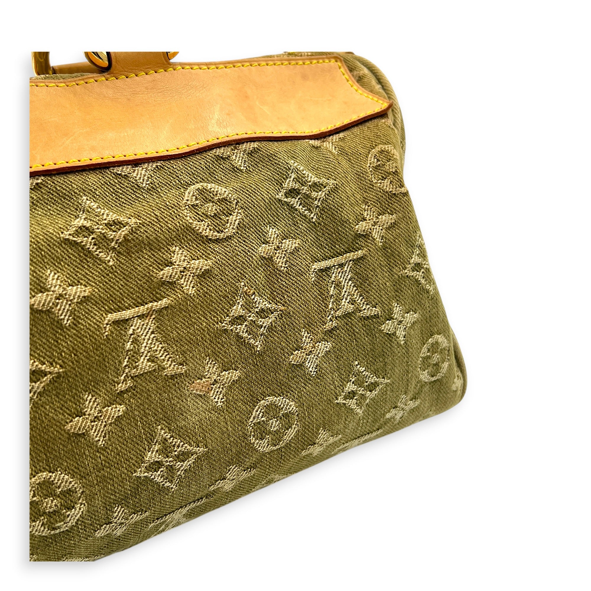 Neo Speedy Green Top Handle Bag in Denim, Gold hardware