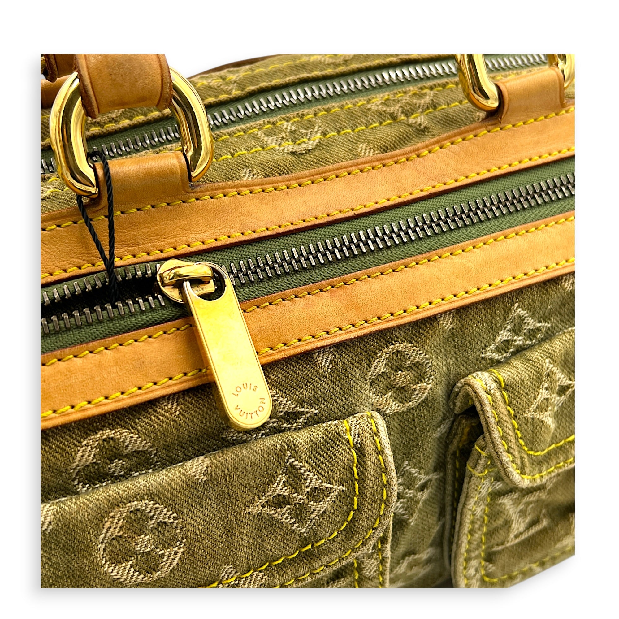 Neo Speedy Green Top Handle Bag in Denim, Gold hardware