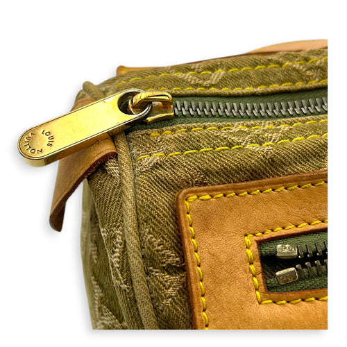 Neo Speedy Green Top Handle Bag in Denim, Gold hardware