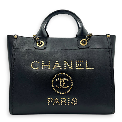 Deauville Black Tote Bag in Calfskin, Gold hardware