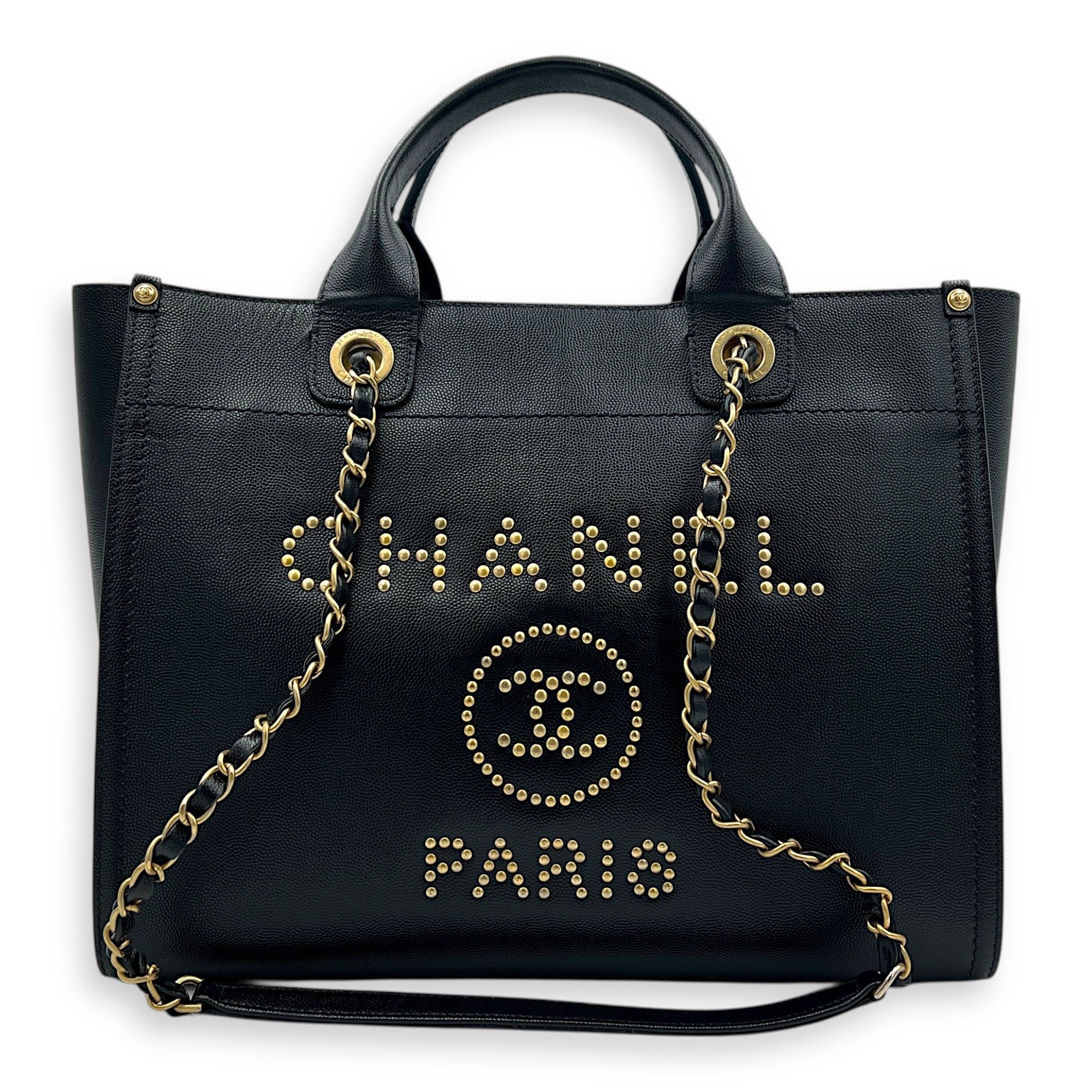 Deauville Black Tote Bag in Calfskin, Gold hardware